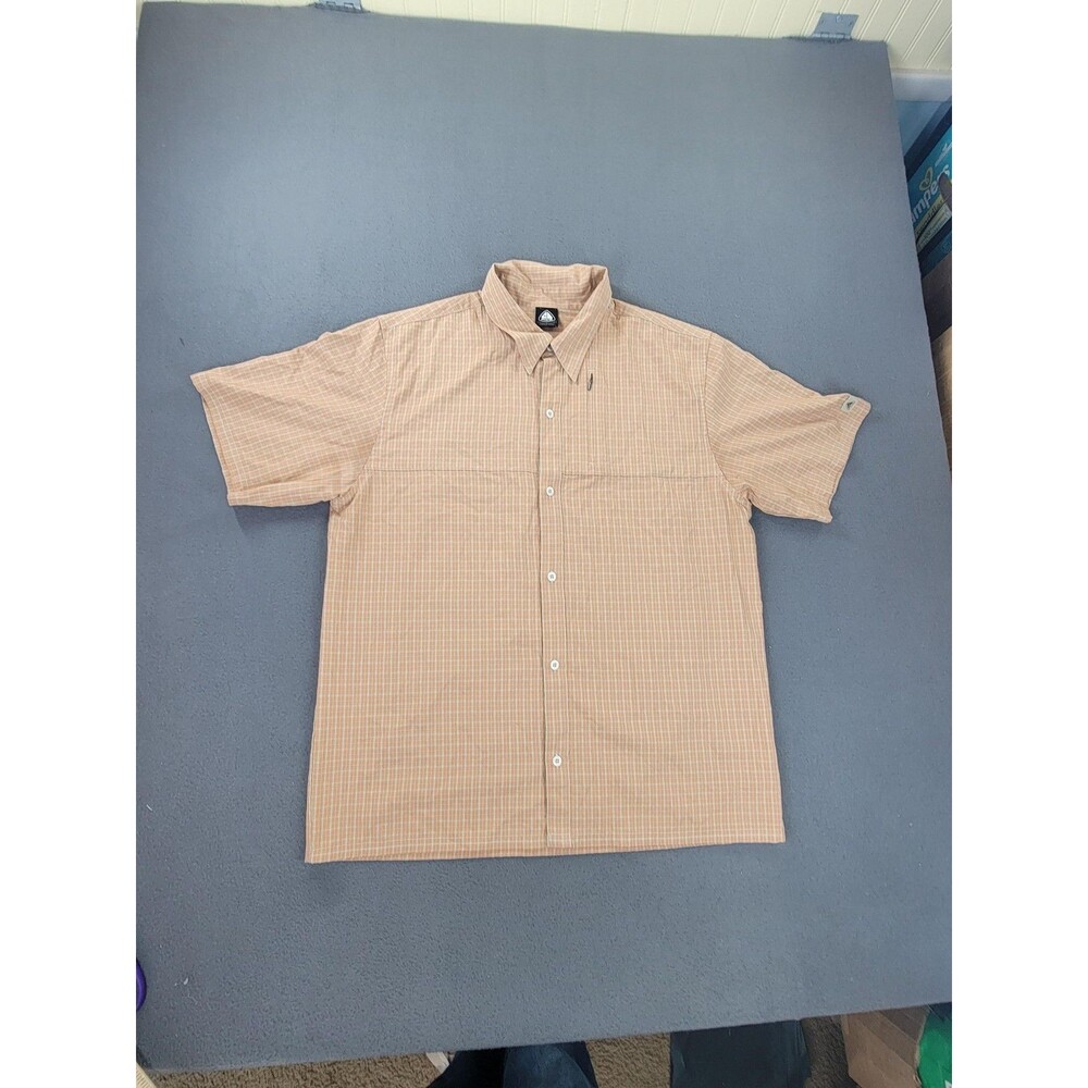 Nike ACG Shirt Mens Large Orange Plaid Short‎ Sleeve Button Up Zip Chest Pocket